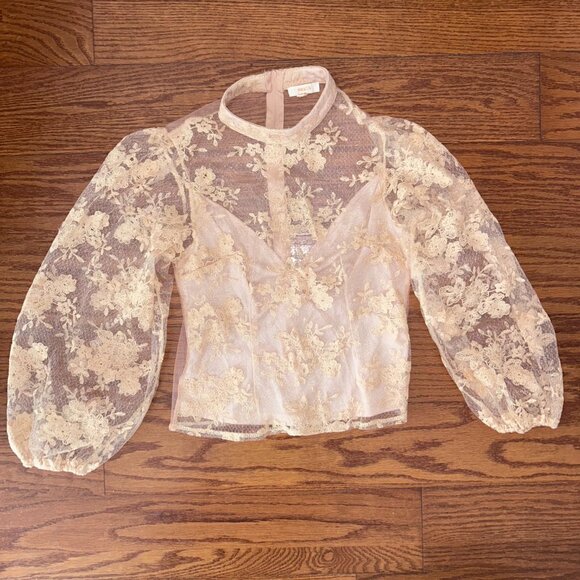 Sheer Mock Neck Long Sleeve Peach Floral Lace Top Built-in Cami Size Medium - Picture 14 of 14